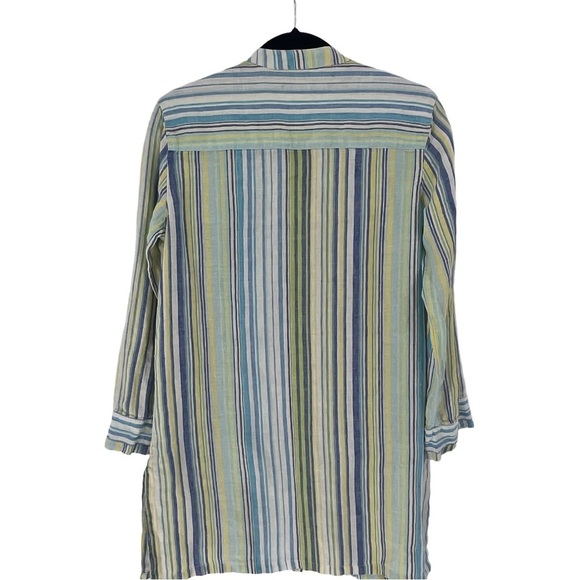 Chico's 100% Linen Mandarin Collar Blue/Green/Yellow Stripe Tunic - Sz XS/4 - Picture 2 of 16